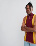 Asos Muscle Fit Half Zip T-shirt With Vertical Stripes In Burgundy And Tan - Red