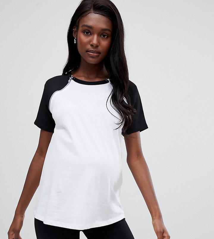Asos Design Maternity Nursing Color Block T-shirt With Zip Detail-white
