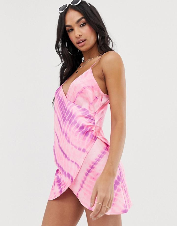 Asos Design Layered Cami Beach Dress In Neon Pink Tie Dye - Pink