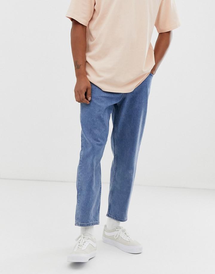 Asos White Tapered Jeans In 14 Oz Mid Wash Denim-blue