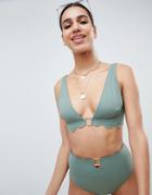 Asos Design Scalloped Gold Ring High Waist Bikini Bottom - Green