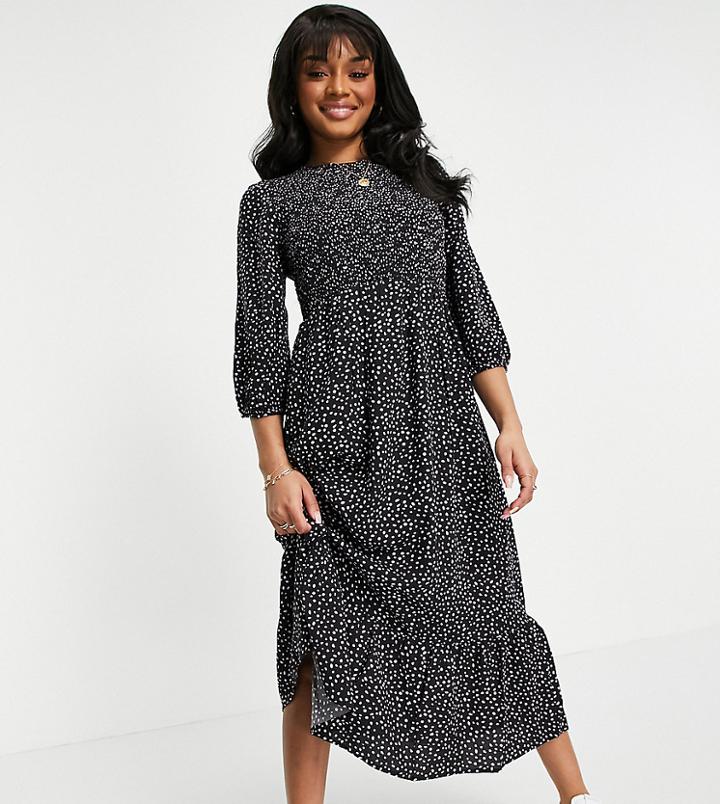 New Look Petite Long Sleeve Shirred Midi Dress In Black Pattern