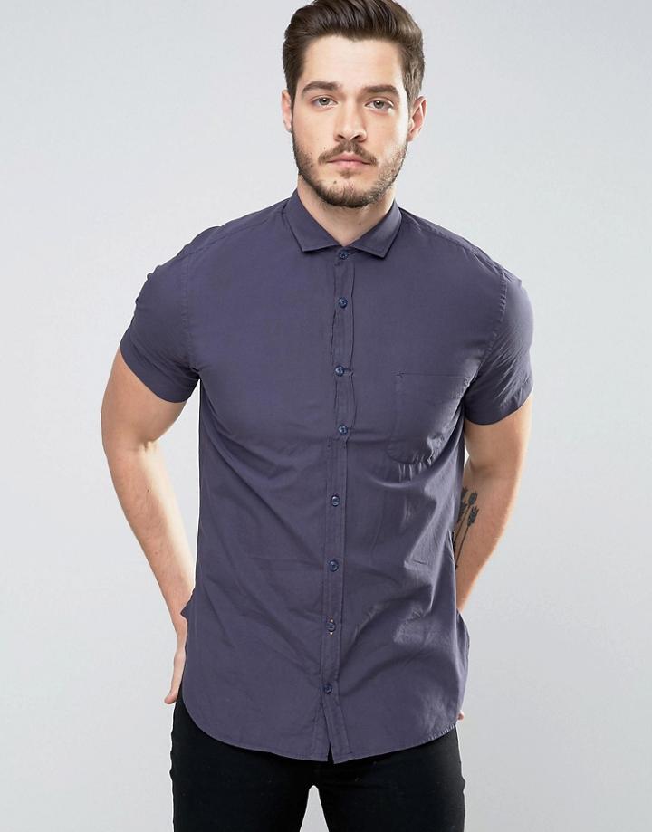 Boss Orange By Hugo Boss Short Sleeve Shirt Slim Fit In Navy - Navy