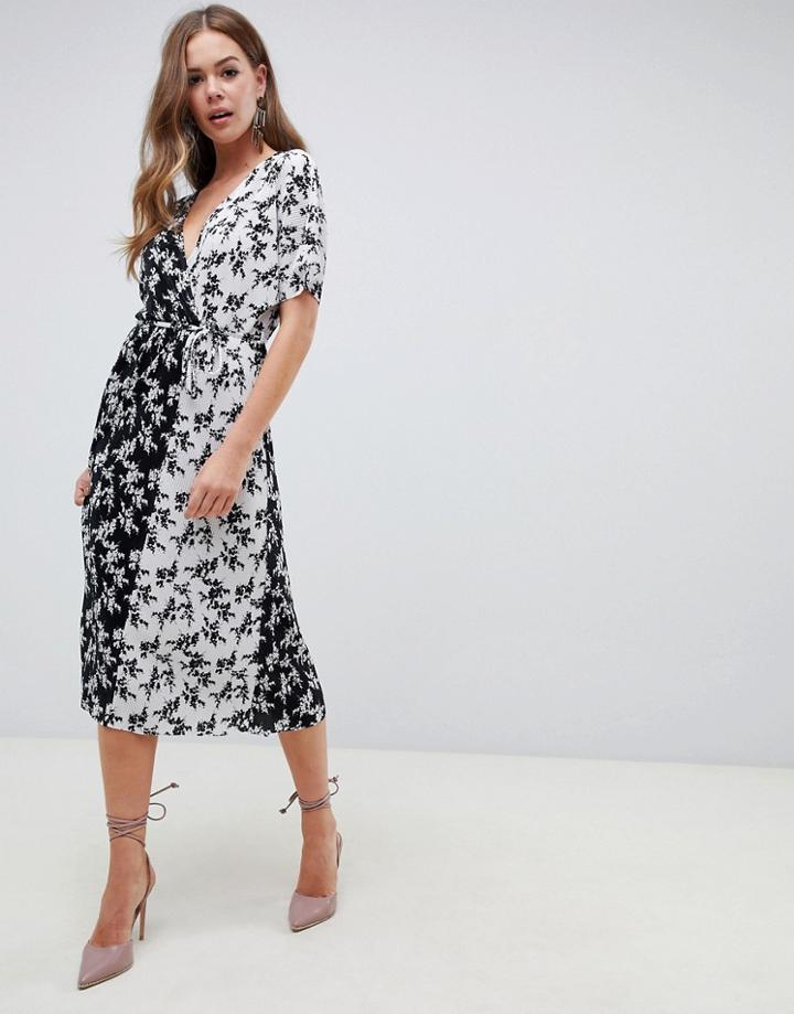 Asos Design Mono Floral Print Plisse Midi Dress With Belt - Multi