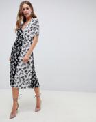 Asos Design Mono Floral Print Plisse Midi Dress With Belt - Multi
