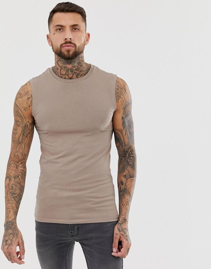 Asos Design Organic Muscle Fit Tank Tank With Stretch In Beige - Beige