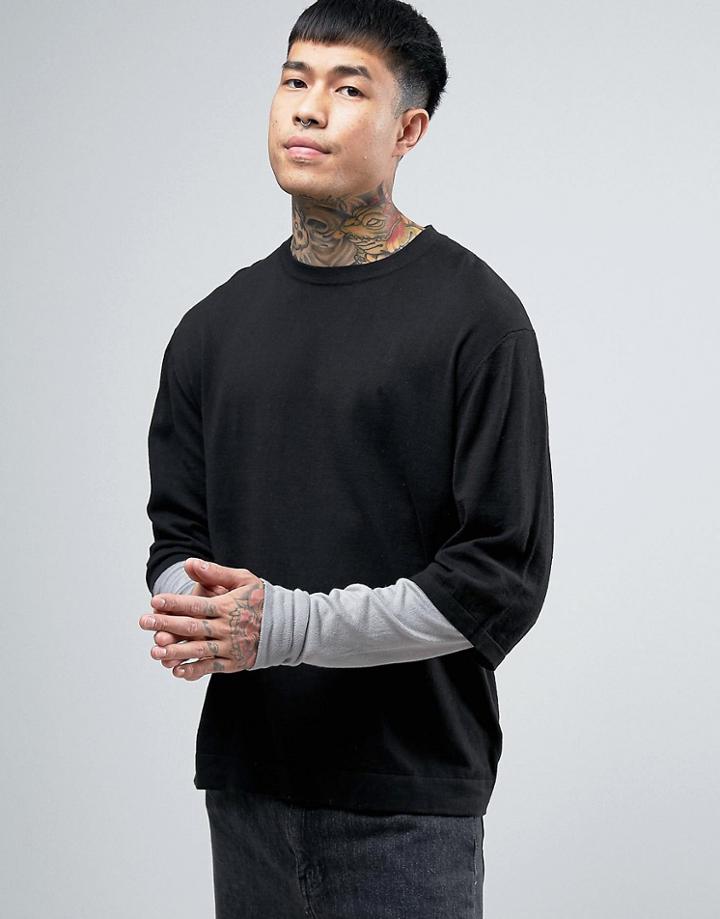Asos Cotton Sweater With Double Layer Sleeve In Black - Black
