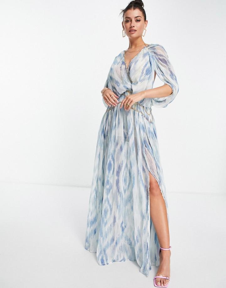 Asos Design Blouson Maxi Dress With Chain Strapping Detail In Blue Floral Print-multi