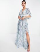 Asos Design Blouson Maxi Dress With Chain Strapping Detail In Blue Floral Print-multi