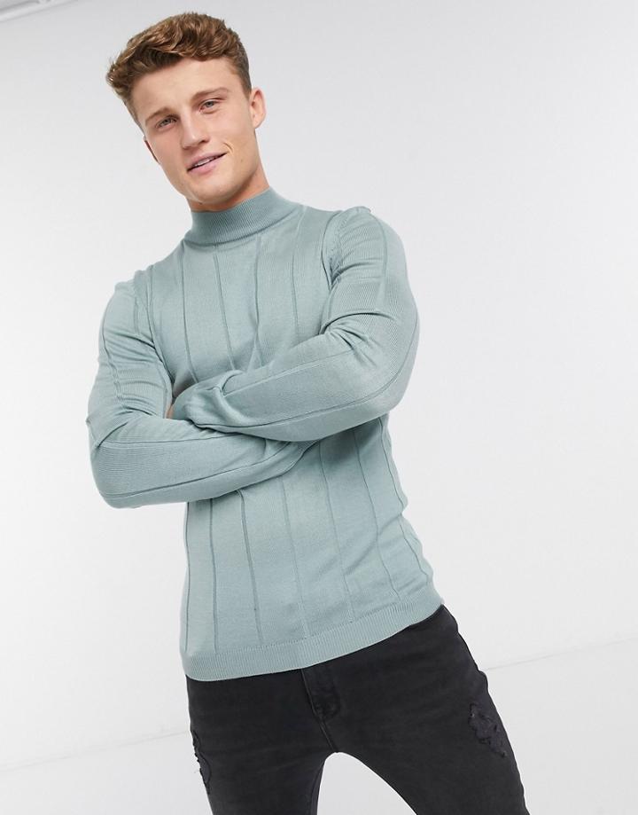 Asos Design Knitted Wide Rib Turtle Neck Sweater In Blue-blues