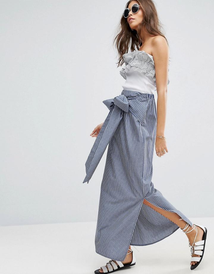 Asos Maxi Skirt In Stripe With Bow Detail - Blue