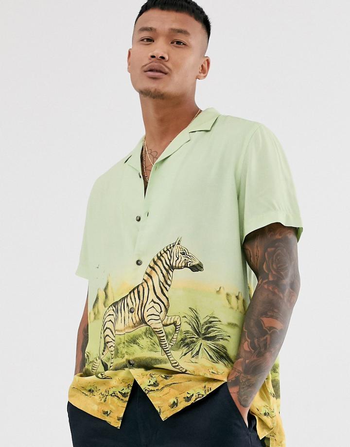 Asos Design Short Sleeve Zebra Print Shirt In Green - Green