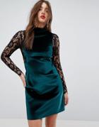 Asos Velvet & Lace Long Sleeve Mini Shift Dress - Green