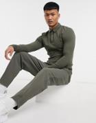 Asos Design Smart Set Tapered Sweatpants In Pique With Fixed Hem In Deep Khaki-green