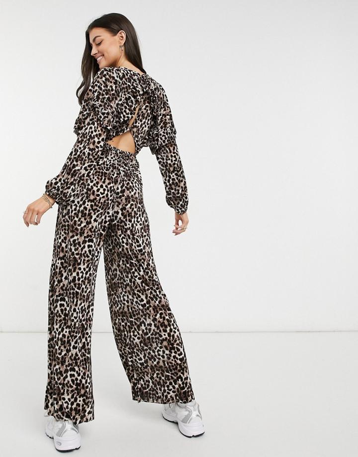 Asos Design Frill Open Back Long Sleeve Plisse Tea Jumpsuit In Leopard Print-multi