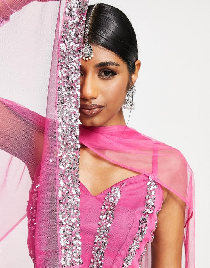 Maya Linear Embellished Lehenga Scarf In Pink