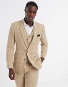 Asos Design Wedding Skinny Wool Mix Suit Jacket In Camel Houndstooth Check-neutral