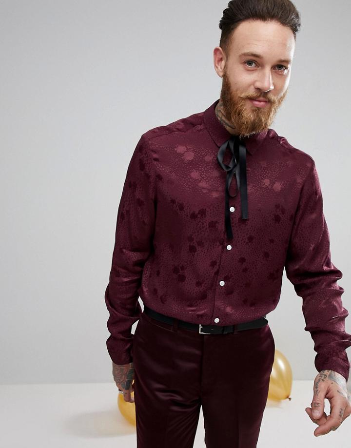 Asos Party Regular Fit Polka Dot Shirt With Pussybow - Red