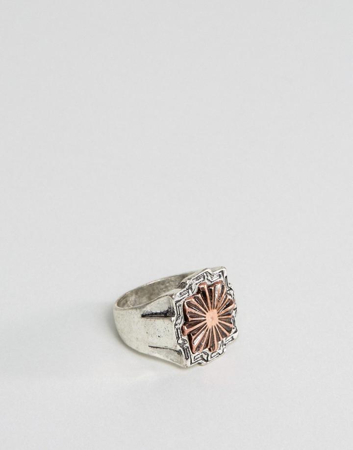 Asos Signet Ring With Rose Insert - Silver