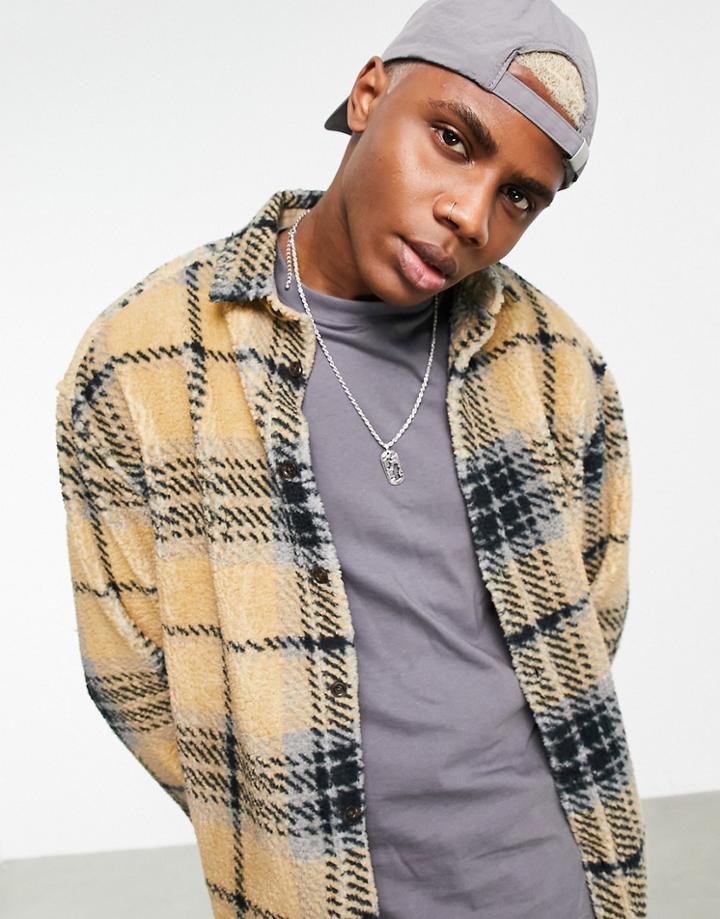 Asos Design 90s Oversized Check Shirt In Teddy Borg-neutral