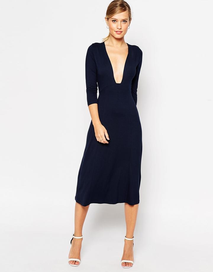 Asos Midi Dress With Sexy Plunge - Navy $15.00