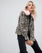 Helene Berman Leopard Print Jacket With Pink Faux Fur Collar-brown