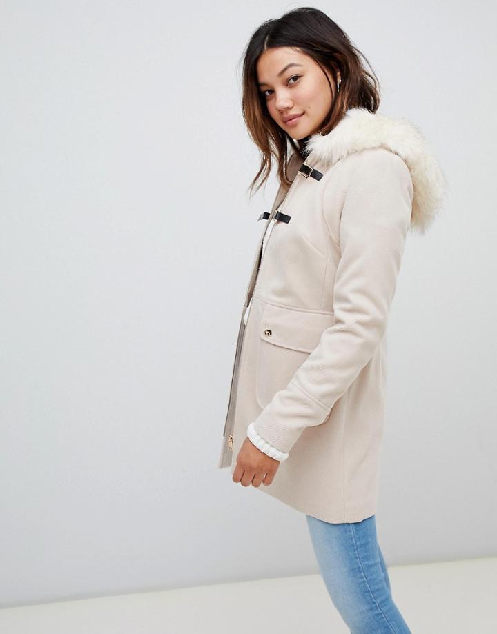 Miss Selfridge Duffle Coat With Faux Fur Trim Hood In Cream - Beige