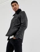 Asos Design Leather Flight Jacket With Fur Collar In Black - Black