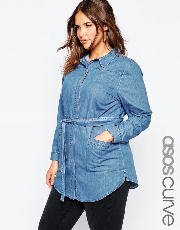 Asos Curve Denim Belted Shirt - Blue