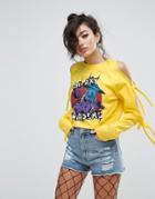 Asos Top With Knotted Cold Shoulder And Comic Cartoon Print - Yellow