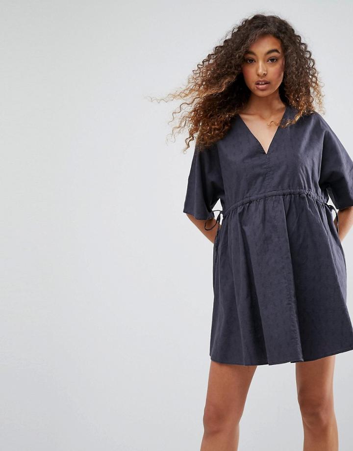 Asos V Front V Back Smock Dress With Ruched Tie Detail - Black