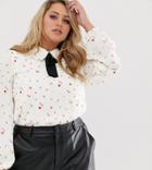 Wild Honey Plus Balloon Sleeve Blouse With Contrast Ribbon Neck Tie-white