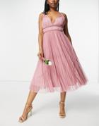 Asos Design Belted Pleated Tulle Cami Midi Dress In Rose-pink
