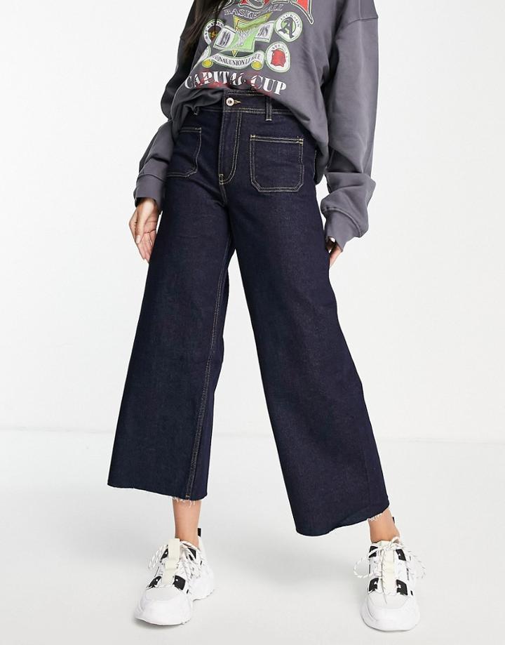 Only Sylvie Cropped High Waist Wide Leg Jeans In Dark Blue-blues