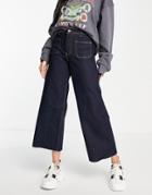 Only Sylvie Cropped High Waist Wide Leg Jeans In Dark Blue-blues