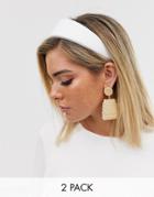 Asos Design Headband In White Satin With Textured Drop Earrings In Gold Tone-multi