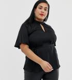 River Island Plus Blouse With Keyhole In Black - Black