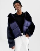 Asos Design Puffer Jacket With Faux Fur In Navy - Navy