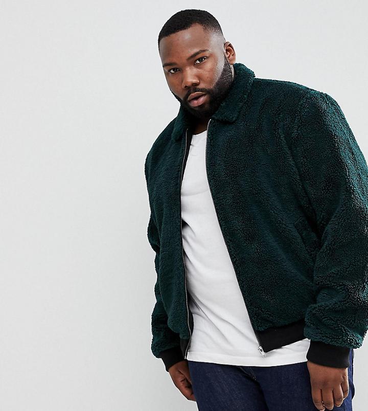 Asos Plus Borg Bomber Jacket In Bottle Green - Green