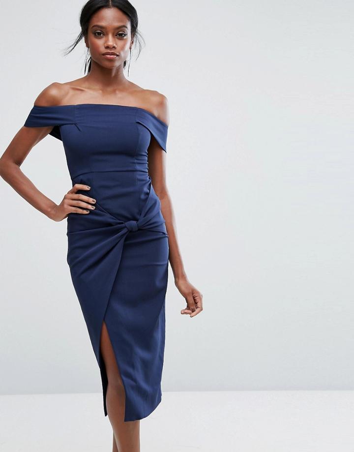 Lavish Alice Bardot Midi Dress With Knot Detail - Navy