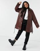 Monki Rori Patent Jacket With Belt In Brown-black