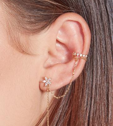 With Bling Flower Earring And Lace Cuff Set For Left Ear In Gold Plate