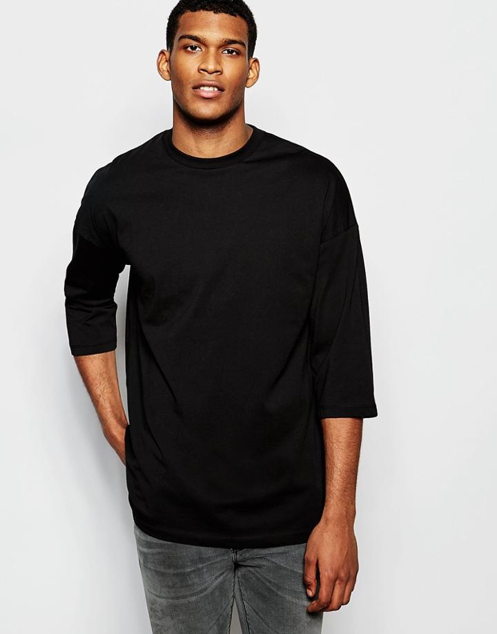 Asos Oversized 3/4 Sleeve T-shirt In Black - Black