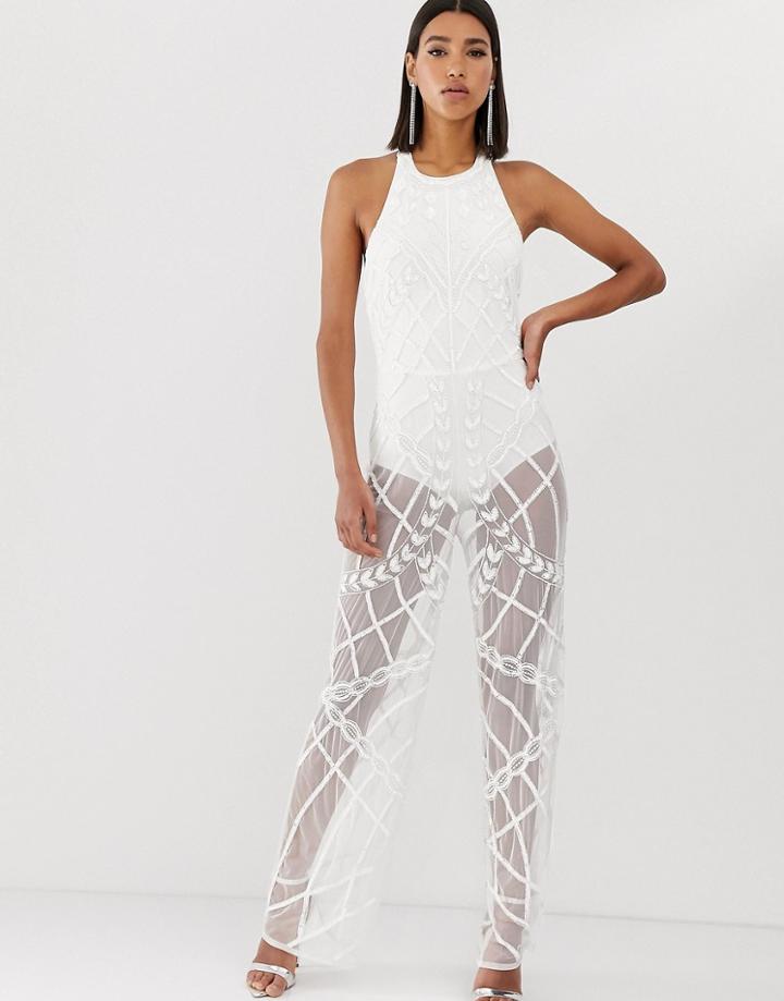 Starlet Halter Neck Sheer Embellished Jumpsuit In White Silver - White