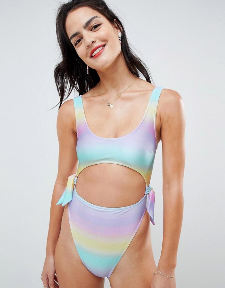 Asos Design Mermaid High Leg Swimsuit In Pastel Ombre - Multi