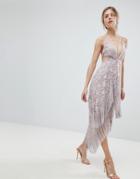 Asos Lace Fringe Cut Away Midi Dress With Strappy Back - Purple