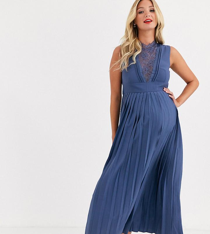 Little Mistress Maternity Lace Detail Midi Dress With Pleated Skirt In Lavender Gray