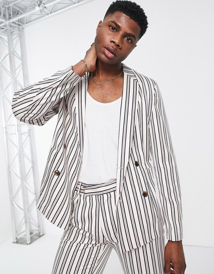 Asos Design Oversized Double Breasted Suit Jacket In Off White And Navy Stripe
