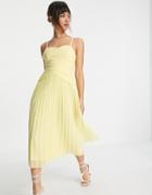 Asos Design Cupped Pleated Midi Cami Dress In Lemon Yellow