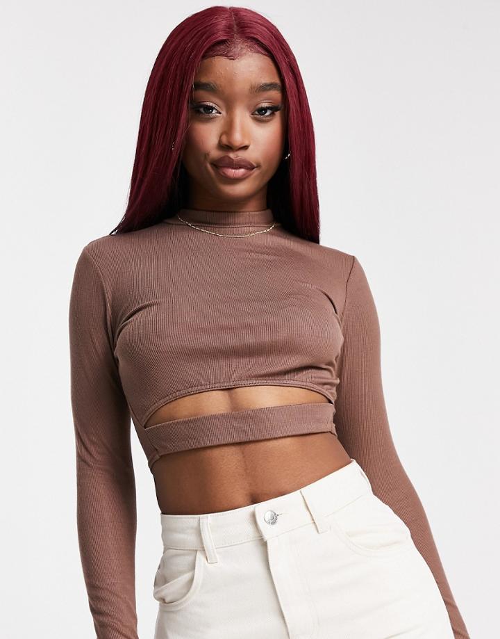 Asos Design Long Sleeve Crop Top With Under Bust Cut Out In Brown